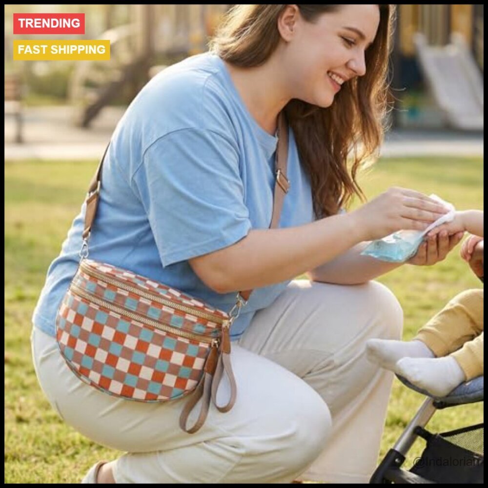 Checkered Crossbody Bag Nylon Bum Bag Spacious Hobo Purse Adjustable Strap - Picture 3 of 7